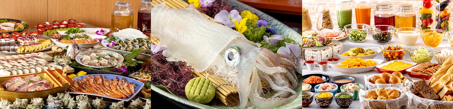 海の魚介をふんだんに使用した朝・夕食のビュッフェと季節の逸品料理